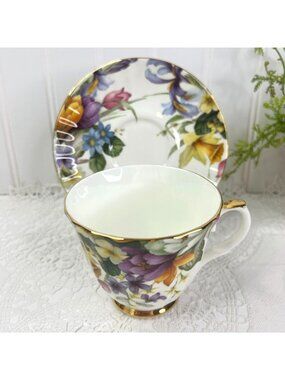 Duchess Fine Bone China Footed Teacup & Saucer Floral Gold Trim England